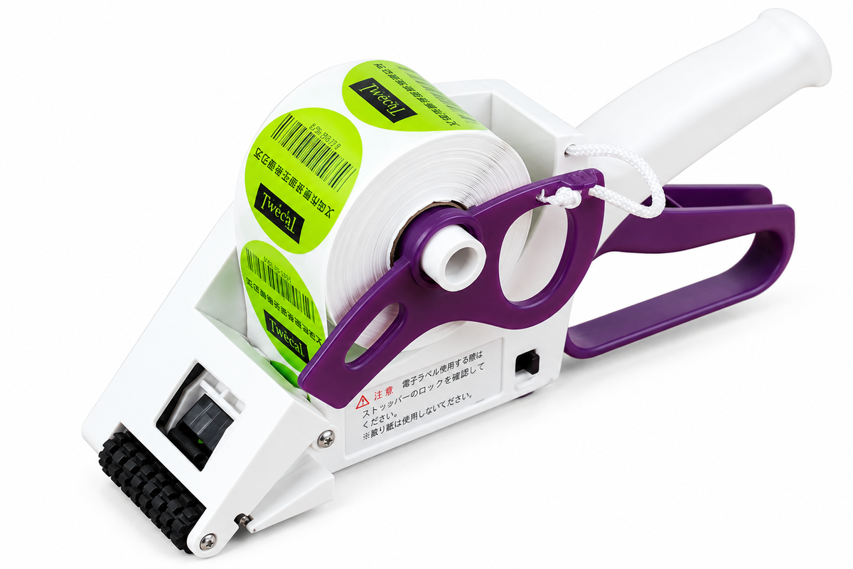Manual handheld label applicator gun with fruit stickers