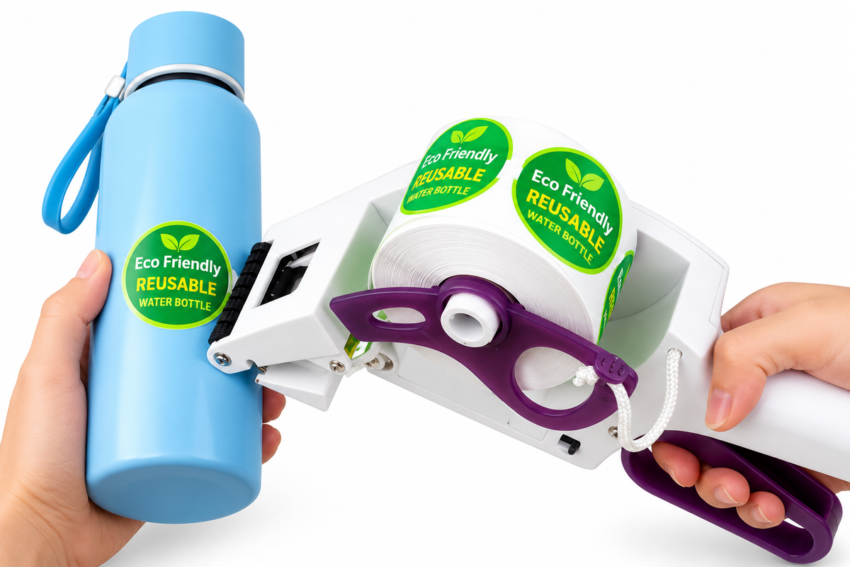 Handheld label dispenser applying sticker to water bottle