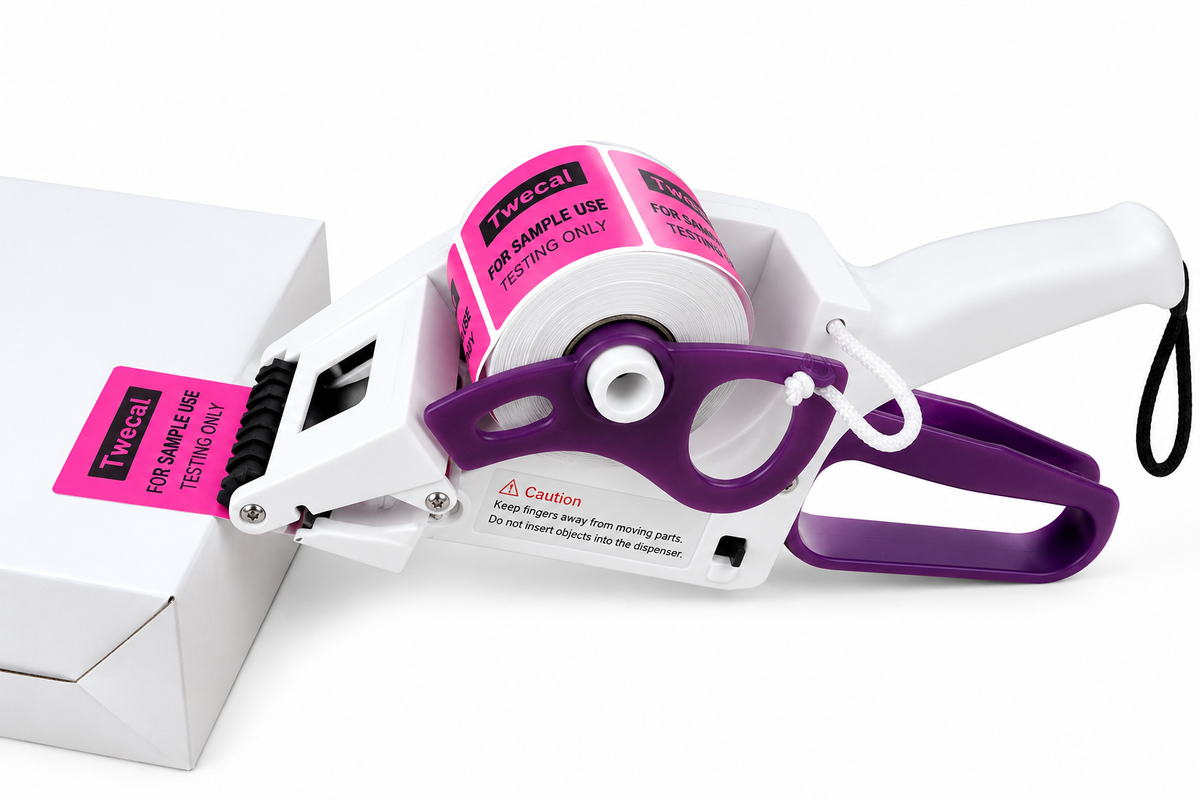 Manual label applicator applying pink sticker to packaging box